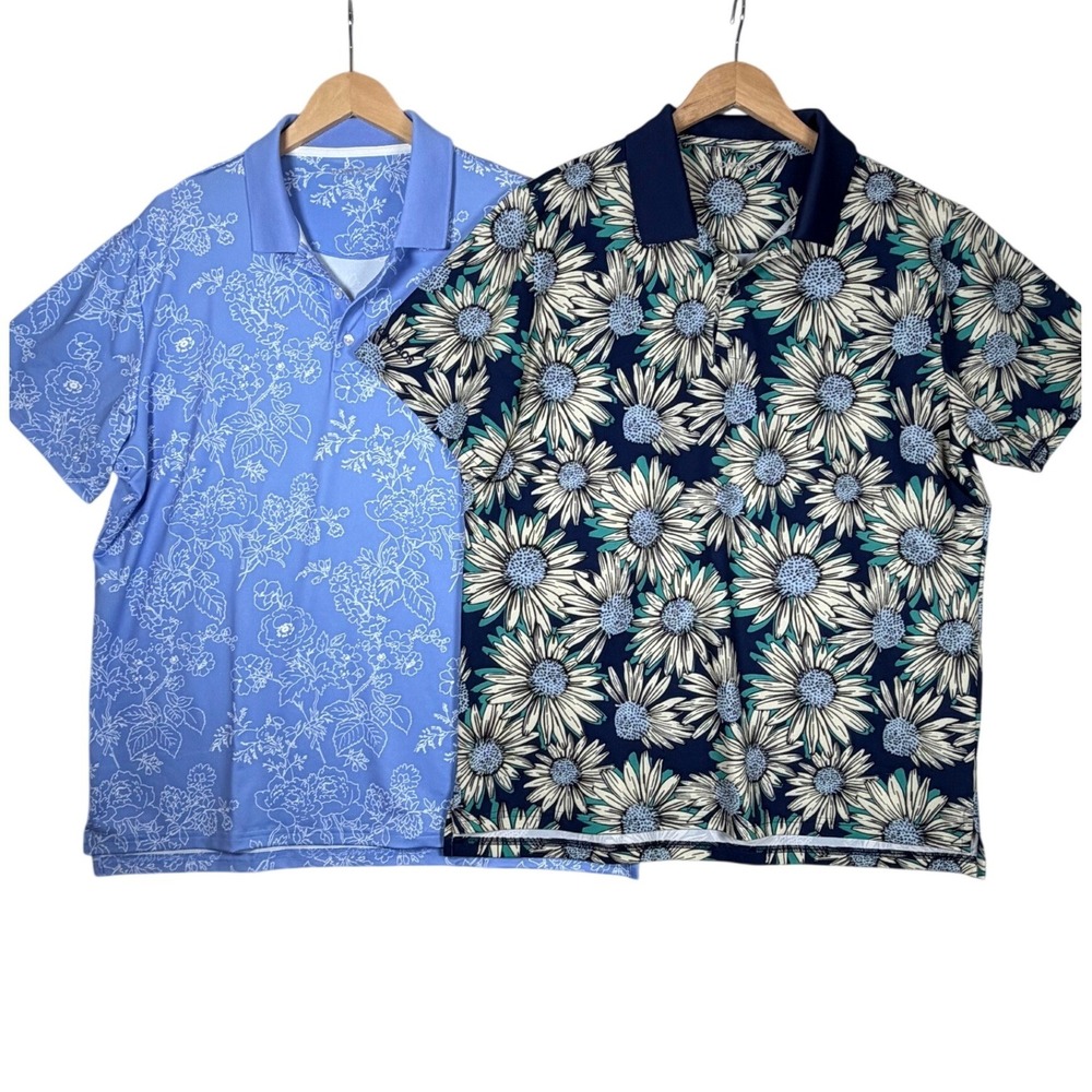 Two Bonobos Golf Shirts XL Blue Slim Fit Floral Performance Golf